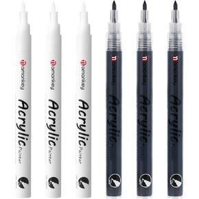 Black & White Paint Marker Pens 6 Pack 0.7mm Extra Fine Tip, Permanent Acrylic Ink for Rock, Wood, Metal, Glass, Ceramic, Plastic, Canvas, Pens for DIY Crafts, Art & Fine Detailing