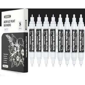 Acrylic Paint Pens - 8 Pack White Dual Tip Paint Markers Witch 0.7mm Extra Fine & 2mm Medium, Water-Based Acrylic Markers For Rock Painting, Wood, Canvas, Stone, Glass, Ceramic Surfaces