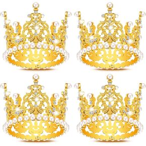 LEIFIDE 4 Pcs Mini Crown Gold Cake Topper Tiny Tiara Cake Decoration for Wedding Pearl Crystal Vintage Queen Crown for Women Lady Girl Wedding Royal Themed Baby Shower Decor (Gold)