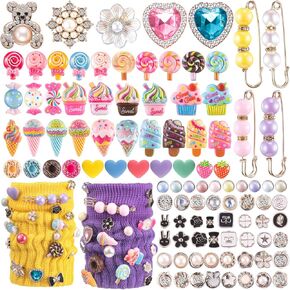 Tondiamo 100 Pcs Charms for Socks Set Candy Themed Accessories Cute Candy Pearl Rhinestone Brooch Pins Bulk Colorful Lollipops Ice Cream Donuts Charms Brooch Kit for DIY Hat Clothes Party Decoration