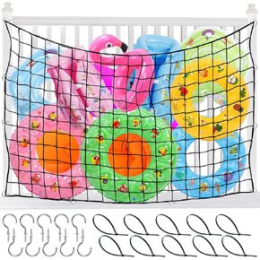 71 x 47in Pool Toy Float Storage Net, Extra Large Hanging Pool Storage Net Swimming Poolside Fence Toys Holder with Hook and Ties for Inflatable Rafts, Water Inflatable Toys
