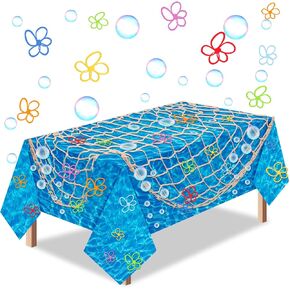 Sea Party Decorations with Ocean Waves Tablecloth 54 x 108 Inch Colorful Flowers Bubble Cards Natural Fish Netting Wall Hanging Sponge Birthday Party Decor