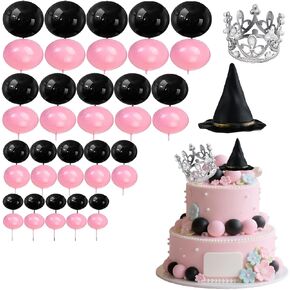 ‌42 Pcs Wicked Cake Decorations Kit - Wicked Cake Topper With Pink And Green Balloons, Silver Crown, Wicked Hat & Glitter Balls for Birthday, Fantasy Party Supplies‌ (Pink+Green)