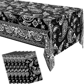 Oudain 6 Pcs Bandana Party Tablecloths,54 x 108 Inch Plastic Western Party Tablecloth, Bandana Paisley Table Cover, Rodeo Table Cloth for Western Mexican Favor Supplies (Red)