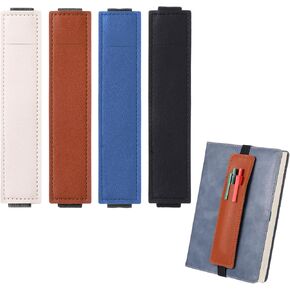 4Pcs Elastic Notebook Pen Holder, Adjustable Pen Sleeve Pouch, PU Leather Pencil Case with Adjustable Band, Pencil Holder Case for Bible Notebook Planner Binder Book (Black, Blue, Brown, Beige)