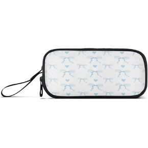 Caikeny Pencil Case Ribbon Bow Pen Bag Blue Large Capacity Pencil Box Pen Pouch with Zipper Cosmetic Organizer for Kids Teens Adults