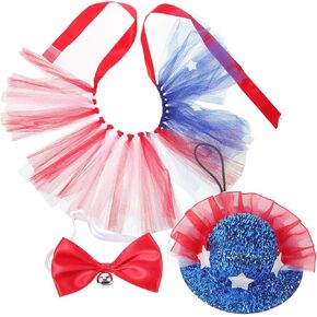 LOGOFUN 4th of July Pet Costume Dog Hat Mesh Tutu Skirt Bow Tie Patriotic Costume Accessories for Independence Day American Presidential Election Party