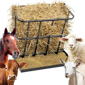 Outvita Hay Feeder 2 in 1 Hay Rack, Wall Mount Goat Horse Feeders, Heavy Duty Steel Hanging Feeders with Detachable Grain Tray for Farm Livestock Goat Sheep Grain Indoor Outdoor Uses