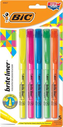BIC Brite Liner Highlighter, Chisel Tip, Assorted Colors, For Broad Highlighting or Fine Underlining, 5 count (Pack of 1) in Saudi Arabia