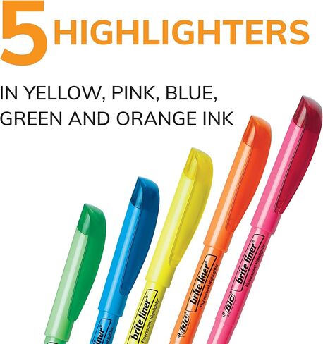 BIC Brite Liner Highlighter, Chisel Tip, Assorted Colors, For Broad Highlighting or Fine Underlining, 5 count (Pack of 1) in Saudi Arabia