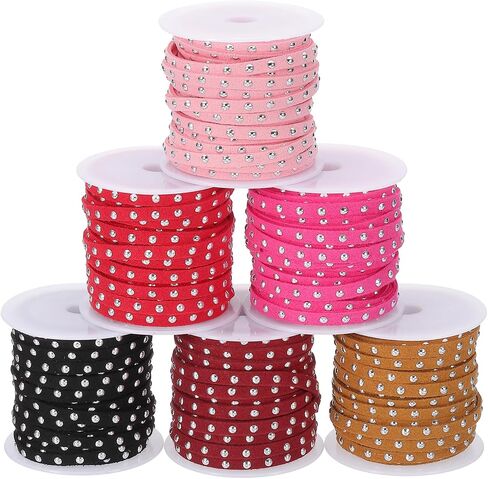 Patikil 32.8 ياردة مرصعة فو ، حبل الحبل من جلد الغزال لصناعة المجوهرات ، 6pcs كل 5M 5M 5M ملم جلدي متسكع من مسامير الفضة الفضية ، أسود/أحمر/أحمر/أحمر داكن/بني/وردي in Kuwait