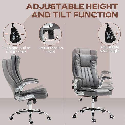 HOMCOM Executive Office Chair with Padded Flip-up Arms, Microfiber High Back Desk Chair, Swivel Computer Chair with Adjustable Height and Tilt Function, Gray in Saudi Arabia
