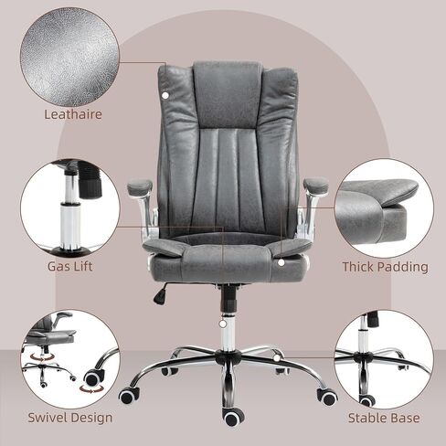 HOMCOM Executive Office Chair with Padded Flip-up Arms, Microfiber High Back Desk Chair, Swivel Computer Chair with Adjustable Height and Tilt Function, Gray in Saudi Arabia