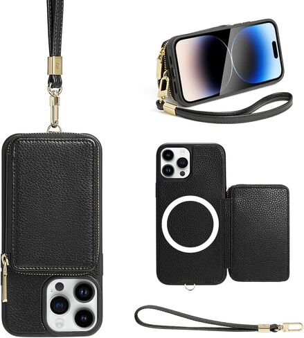 حافظة محفظة لاسلكية ZVE لهاتف iPhone 15 Pro Max، حافظة جلدية بسحاب لحمل بطاقات RFID مع شحن لاسلكي مغناطيسي، غطاء واقٍ لهاتف iPhone 15 Pro Max 6.7 بوصة (2023) - أبيض in Kuwait