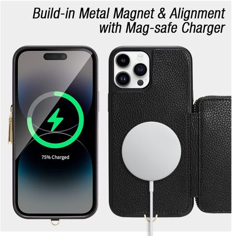 حافظة محفظة لاسلكية ZVE لهاتف iPhone 15 Pro Max، حافظة جلدية بسحاب لحمل بطاقات RFID مع شحن لاسلكي مغناطيسي، غطاء واقٍ لهاتف iPhone 15 Pro Max 6.7 بوصة (2023) - أبيض in Kuwait