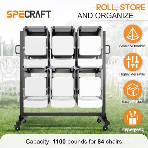 Specraft Folding Chair Rack and Table Cart for 84 Chairs or 12 Tables, 1100 lbs Capacity, PU Wheels, Dust Cover, Elastic Cords, Black in Kuwait