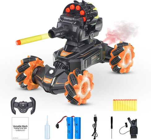 RC Car Shoot Nerf Bullet, Remote Control Hand Gesture Stunt Drift Truck, 360°Rotating Battle Tanks with Soft Bullets Water Bomb, Spray, Music, Led, Toy Gifts （Orange） in Saudi Arabia