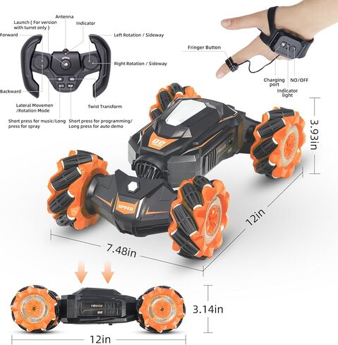 RC Car Shoot Nerf Bullet, Remote Control Hand Gesture Stunt Drift Truck, 360°Rotating Battle Tanks with Soft Bullets Water Bomb, Spray, Music, Led, Toy Gifts （Orange） in Saudi Arabia