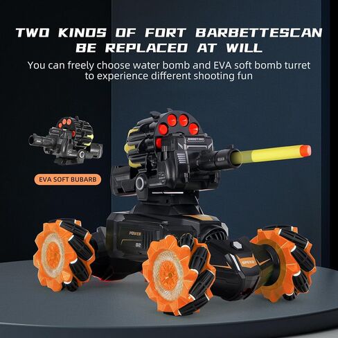 RC Car Shoot Nerf Bullet, Remote Control Hand Gesture Stunt Drift Truck, 360°Rotating Battle Tanks with Soft Bullets Water Bomb, Spray, Music, Led, Toy Gifts （Orange） in Saudi Arabia