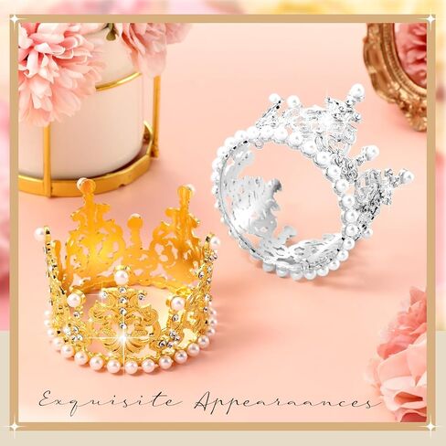 Leifide 4 PCS Mini Crown Cake Cake Topper Tiny Tiara Cake Decoration for Wedding Pearl Crystal Vintage Queen Crown for Women Lady Girl Wedding Royal Murder Decore (Gold) in Kuwait