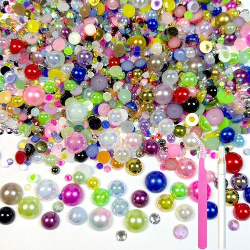 50g Flatback Rhinestones and Pearls, 3-10mm Flat Back Pearls for Crafting, Rhinestones for Bedazzling, Half Pearl Resin Rhine Stone Kit for Crafting, Nails, Charms in Kuwait