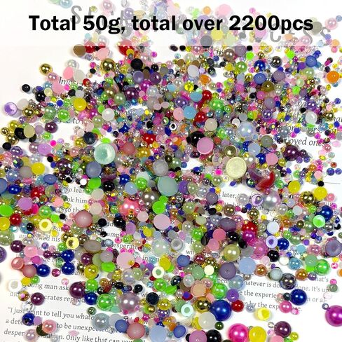 50g Flatback Rhinestones and Pearls, 3-10mm Flat Back Pearls for Crafting, Rhinestones for Bedazzling, Half Pearl Resin Rhine Stone Kit for Crafting, Nails, Charms in Kuwait