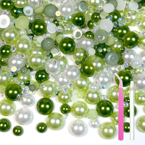50g Flatback Rhinestones and Pearls, 3-10mm Flat Back Pearls for Crafting, Rhinestones for Bedazzling, Half Pearl Resin Rhine Stone Kit for Crafting, Nails, Charms in Kuwait