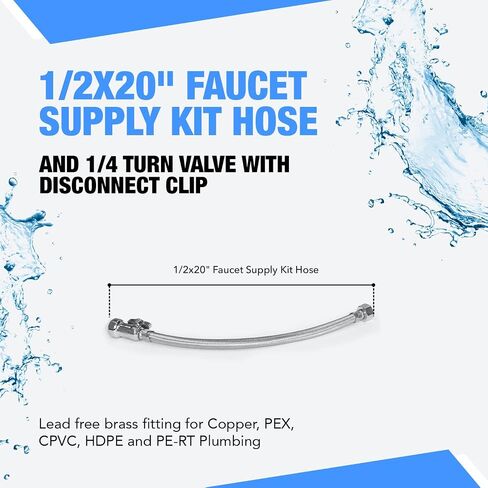 1/2x16" Faucet Water Supply Hose Kit and Quarter Turn Valve with Disconnect Clip - Lead-Free Brass Plumbing Fitting for Copper, PEX, CPVC, HDPE, and PE-RT - Chrome Plated Plumbing Supplies (2 pack) in Saudi Arabia