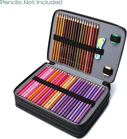 YOUNGCOL 200 Slots Colored Pencil Case - Deluxe PU Leather Pencil Organizer Holder With Zipper Closure Large Pencil Box for Colored Pencils Watercolor Pencils (Black, 200 Slots) in Saudi Arabia