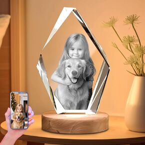 Round Custom 3D Crystal Photo Gifts - Personalized Engraved Keepsakes for Pets, Couples, Family | 4 LED Base Options (Wood/Plastic, Single/Multi-Color)