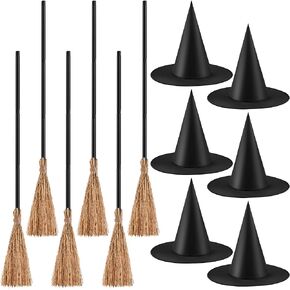 ADXCO 12 Pieces Halloween Costume Accessories Set with 6 Halloween Retractable Witch Broom and 6 Cosplay Witch Hats Decorations Straw Bamboo Witch Broomstick Plastic Broom Props for Party Decoration