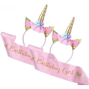 2Pcs Unicorn Horn Headband 2Pcs Birthday Girl Sash Satin for Girl 1st Birthday Party Decoration