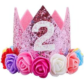 Baby Princess Glitter Pink Crown, 2st Birthday Party Hat Gold with Mix Rainbow Color Flowers