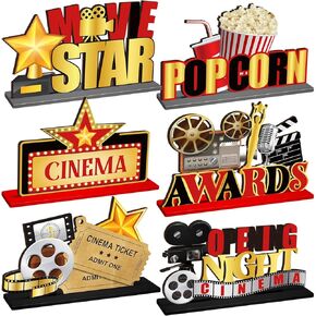 6 Pcs Movie Night Decorations Movie Night Theater Table Wooden Centerpieces Microphone Ticket Star Video Props Paper Centerpiece Sign for Birthday Party 3D Table Decoration