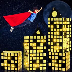 6 Pcs Large Hero Party Favor Boxes with Light String 11 Inch Skyscraper City Gift Large Hero Theme Candy Treat Boxes Skyline Buildings Centerpiece for Birthday Party Decoration Supplies