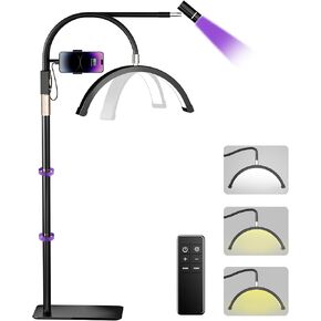 Half Moon Light for Eyelash Extension with 3 Color Temperature, LED Lash Lamp with UV Light, Floor Lamp for Tattoos, Nail, Adjustable Height with Phone Holder (Black)