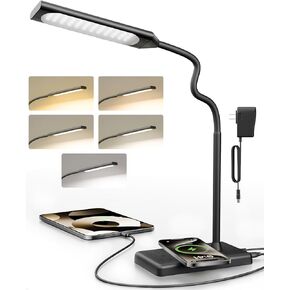 Adjustable LED Desk Lamp with Wireless Charging & Touch Control | 5 Colors & 6 Brightness Levels Eye-Caring Office Light with Memory & Timer