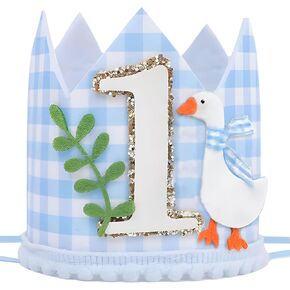 Blue Silly Goose 1st Birthday Hat Baby Boy Crown Blue Gingham First Birthday Party Hats Decor One Silly Goose Baby Shower Decorations for Kids Party Photo Prop