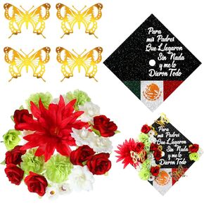 29 Pcs Graduation Cap Decorations Kit 2025 DIY Spanish Graduation Cap Toppers with Flowers, 3D Butterfly, Mexican Card for Student Grad Hat