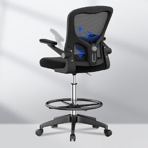FLEXISPOT Upgraded Drafting Chair Tall Office Chair with 2D Lumbar,3D Flip-up Armrest,Standing Desk Chair with Breathable Mesh & Adjustable Foot Ring BIFMA Certified for Home Office,Drawing(Black)