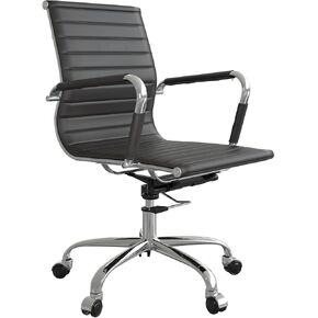 Fohfurniture PU Leather Tall Ribbed Executive Chair, Ergonomic Office Chair, Hotel Task Chair, Leather Height Adjustable Swivel Chairs, Conference Room Chair with Arms (Mid Back, White)