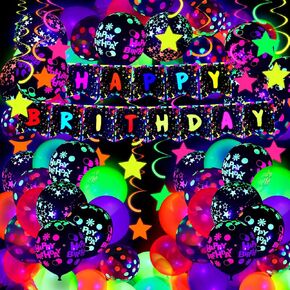 Jetec 71 Pcs Neon Birthday Party Supplies Decorations Include Clear Glow in the Dark Balloons, UV Neon Balloons, Star Hanging Swirls, Happy Birthday Banner Festival Accessory Glow Party Supplies