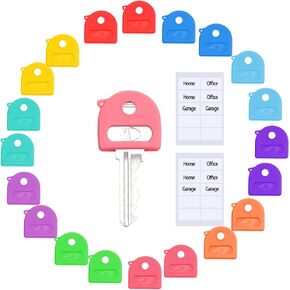 16Pcs Key Covers Caps, Colored Stretchy Key Tags Identifiers, 1 Inch Cute Cap Protectors with Blank & Printed Labels fits Most Keys for House Classification Organization-10 Color