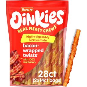 Hartz New Oinkies لحم الخنزير المقدد ملفوفات مفصول ، ومضغ اللحم الحقيقي مع لحم الخنزير المقدد الحقيقي 100 ٪ ولا يوجد حليباء ، 14 العد