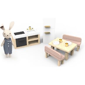 Speedy Monkey Doll House Kitchen Playset with Bunny – Miniature FSC Wooden Kitchen Furniture Set – Dining Table, 4 Chairs, Fridge & Accessories – Pretend Play Doll House Decor Toy for Kids & Girls