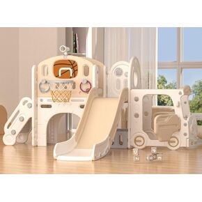 KORIMEFA 10 in 1 Toddler Slide, Kid Slide for Toddlers Age 1-3 with Ring Toss, Basketball Hoop and Bus Play House, Indoor Outdoor Playset Toddler Playground - Coffee