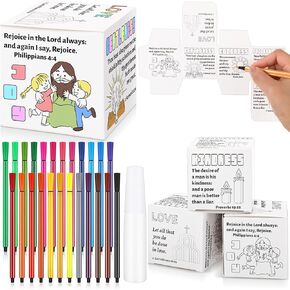 Motipuns 25 Sets Sunday School Bible Crafts Color Your Own Jesus DIY Kit Easter Party Activity Christian Religious Art Craft with Bible Coloring Card Cubes Watercolor Pens Glue
