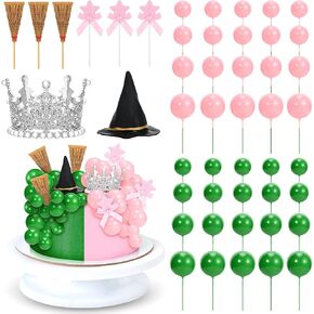 48 Pcs Witch Theme Party Supplies Green and Pink Balloons Cake Topper Mini Balloons, Silver Plastic Crown, Broom and Black Witch Hat for Princess Birthday Cake Decor