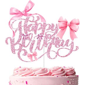 Bow Happy Birthday Cake Topper, Pink Bow Coquette Cake Decorations for Women Girls Bows Theme Birthday Party Favors, HBD, 10th, Official Teenager, Sweet 16, Finally 21, Baby Shower Party Supplies