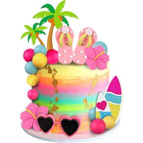 18 PCS Beach Cake Topper Summer Hawaiian Cake Decorations with Slipper and Sunglasses Clay for Swimming Pool Aloha Party Supplies